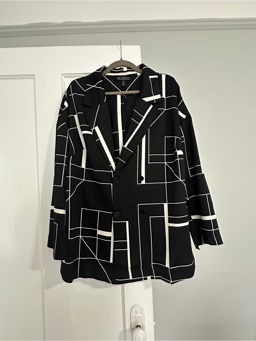 Eloquii Black & White Geometric Double Breasted Blazer, Plus Size